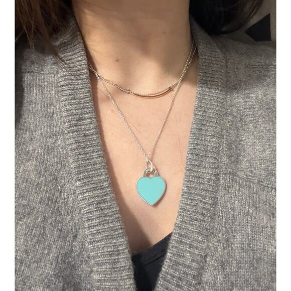 Tiffany Co Silver Return Blue Enamel Medium Heart Tag Pendant Charm Necklace - Picture 7 of 11